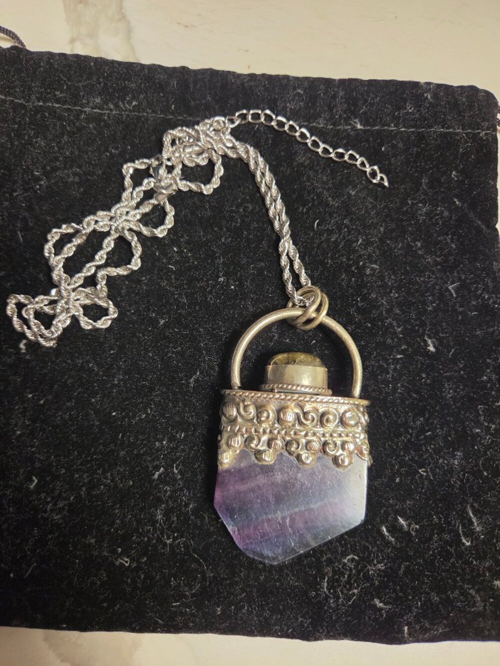 Silver necklace with natural Amethyst, hand made. with a chain .One of a kind